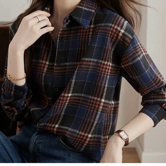 Dark Academia Blue Plaid Flannel Button Down Top - Picture 4 of 11